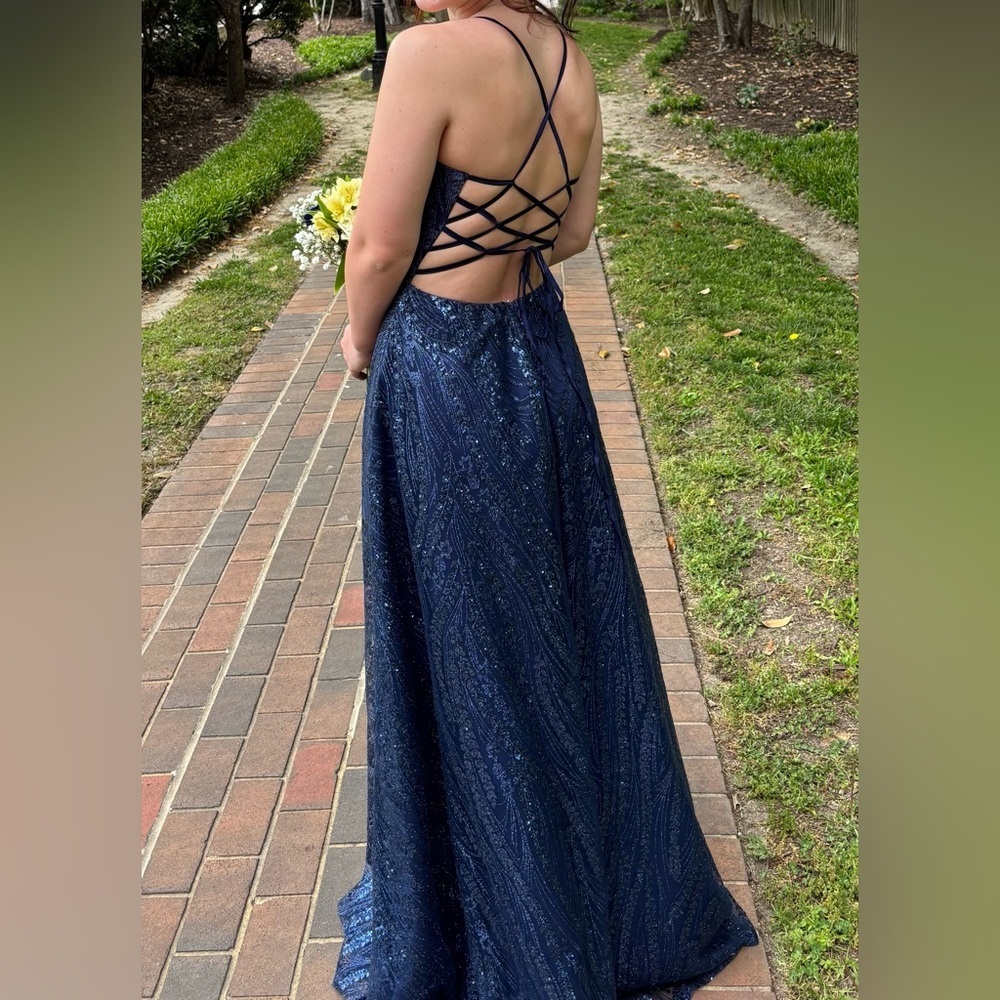 Navy Blue Sparkle glitter Sequin Prom Dance long Gown